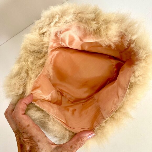 1960s Beige Sheepskin Shearling Mod Fur Hat With Satin Lining Vintage Estate main image 5